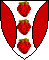Argent, in pale three strawberries proper between flaunches gules.